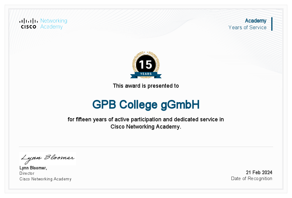 Bestätigung der Zusammenarbeit mit Cisco Zertifikat: 15 Jahre Zusammenarbeit mit Cisco